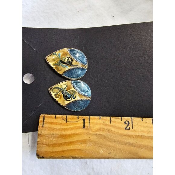 Unique Artistic Post Earrings Statement Jewelry Gold Tone MCM Blue Swirl Mosaic - Picture 3 of 6